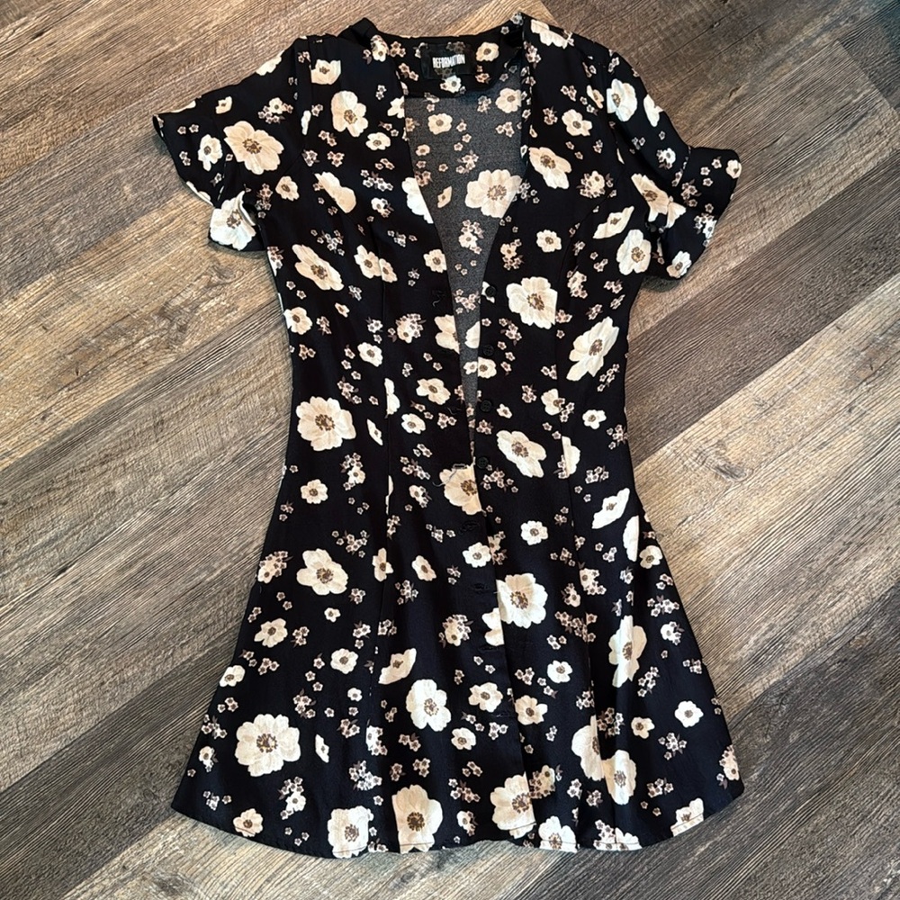Reformation Black and Cream Floral Dress